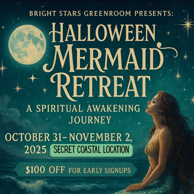 Flyer for the Halloween Mermaid Retreat featuring mystical coastal imagery, mermaid elements, and enchanting Halloween-themed visuals.