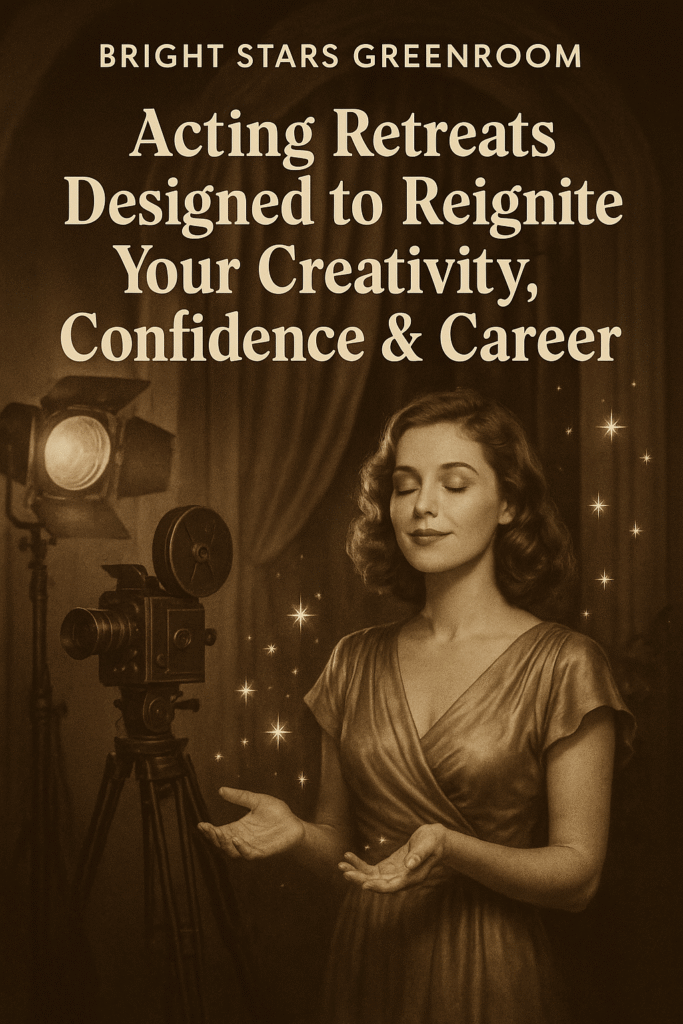 A woman smiling warmly in a vintage setting holding a classic camera, surrounded by sparkling stars, representing the magic of acting retreats.