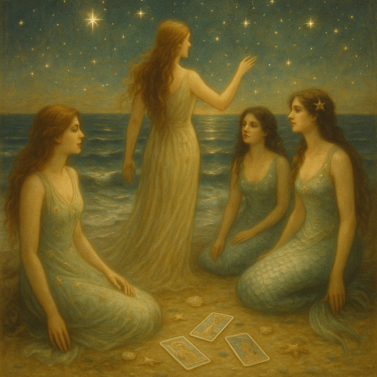 Group of mystical mermaids and goddesses standing gracefully on a shimmering shore, surrounded by magical light and ocean waves, embodying empowerment and creative awakening at a mermaid retreat.