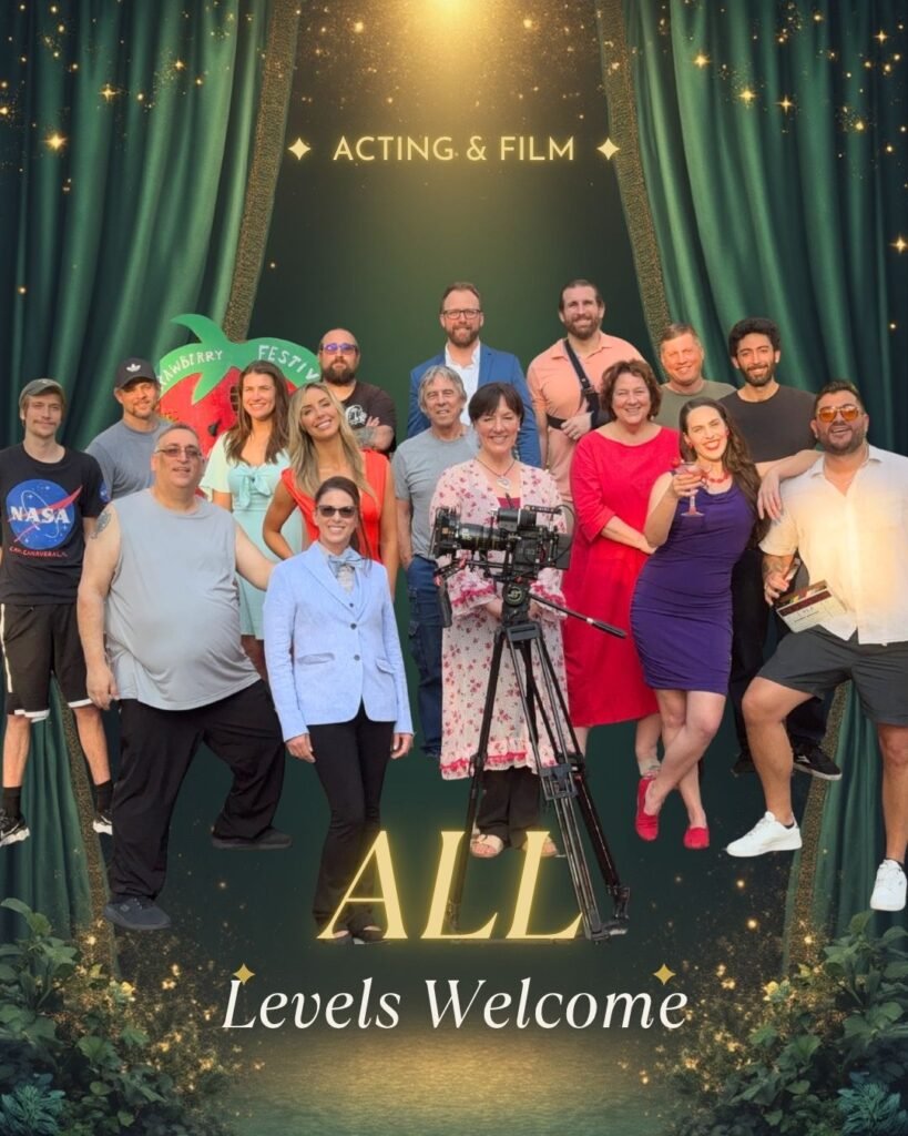 Two smiling participants stand beside a film clapperboard during an acting and film retreat, featured within a dark green promotional design highlighting an all-levels creative workshop experience.