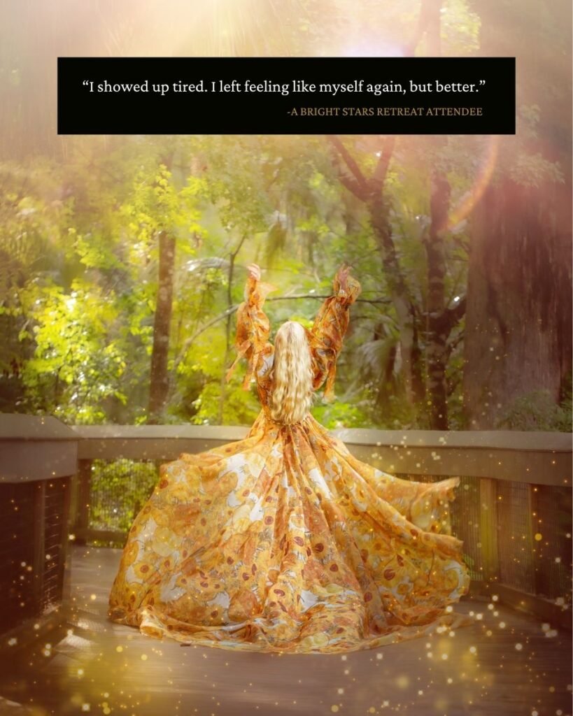 Woman in flowing golden floral gown twirling on forest deck at The Bright Stars Greenroom fantasy women's retreat