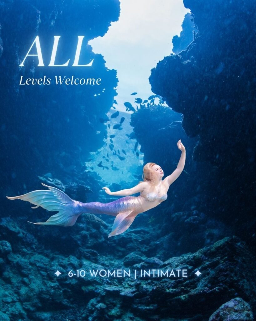 Mermaid swimming through underwater cave at The Bright Stars Greenroom intimate mermaid retreat for 6 to 10 women all levels welcome