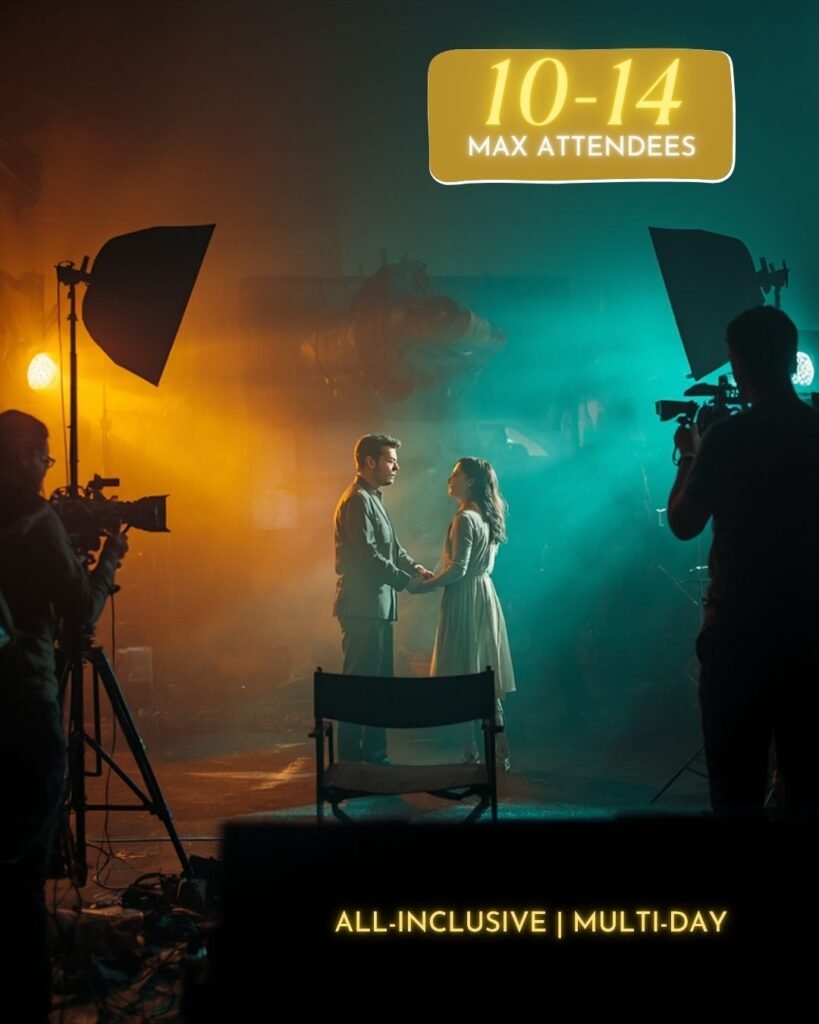 A man and woman perform a scene on a professional film set during a feature film VIP retreat.