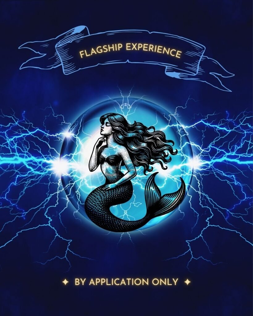 Bright Stars Greenroom flagship mermaid retreat experience by application only — electric mermaid illustration with lightning and glowing orb