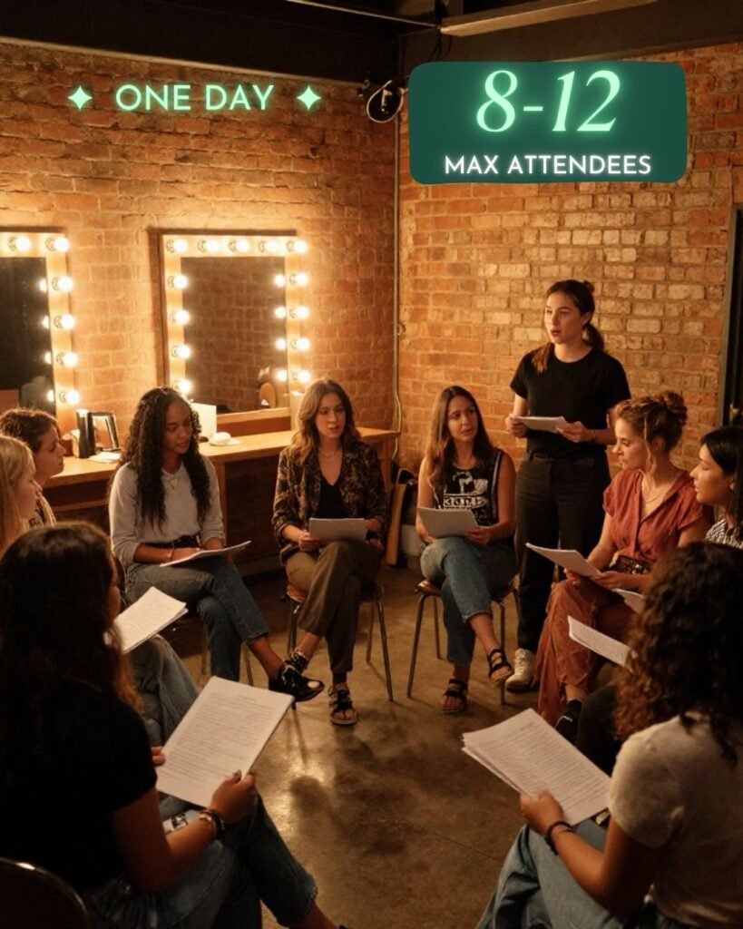 Women actors seated in a greenroom reading scripts and preparing for scene work during The Bright Stars Greenroom acting workshop.