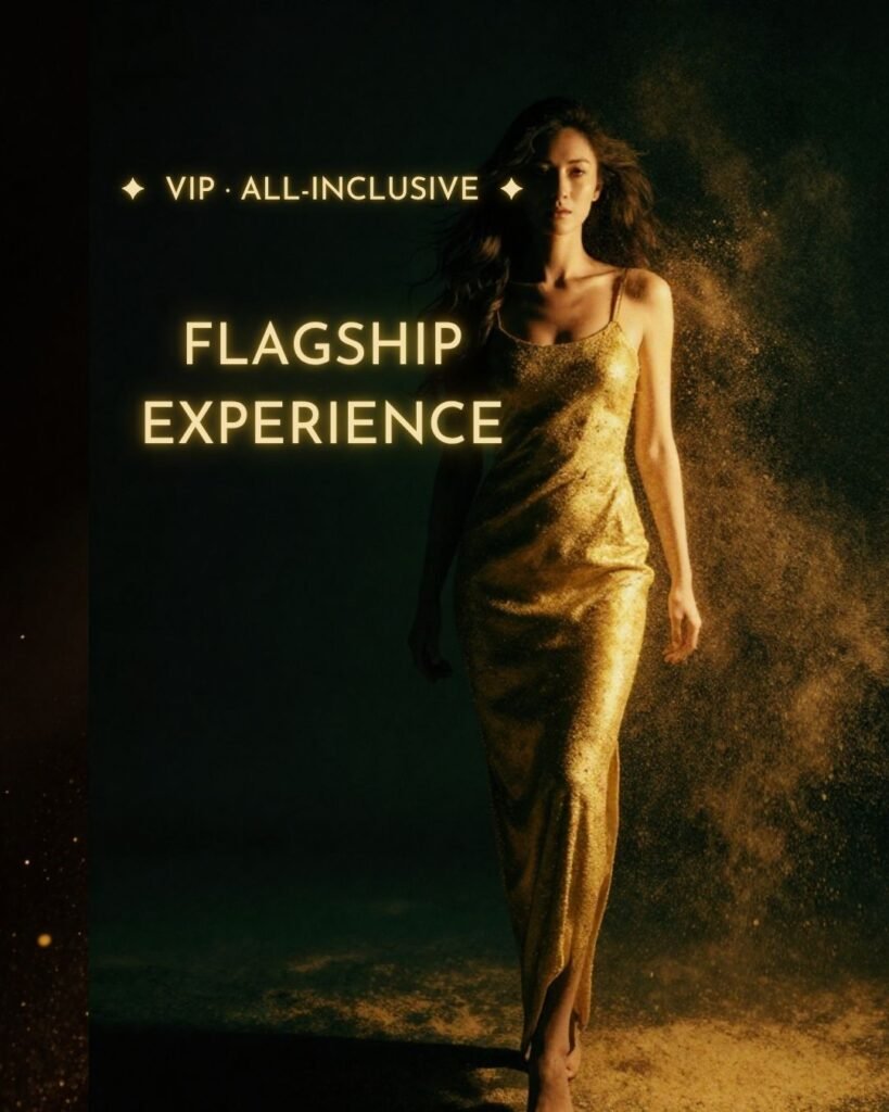 Woman emerging from shadows as shimmering glitter falls around her, symbolizing transformation, empowerment, and stepping into her light.