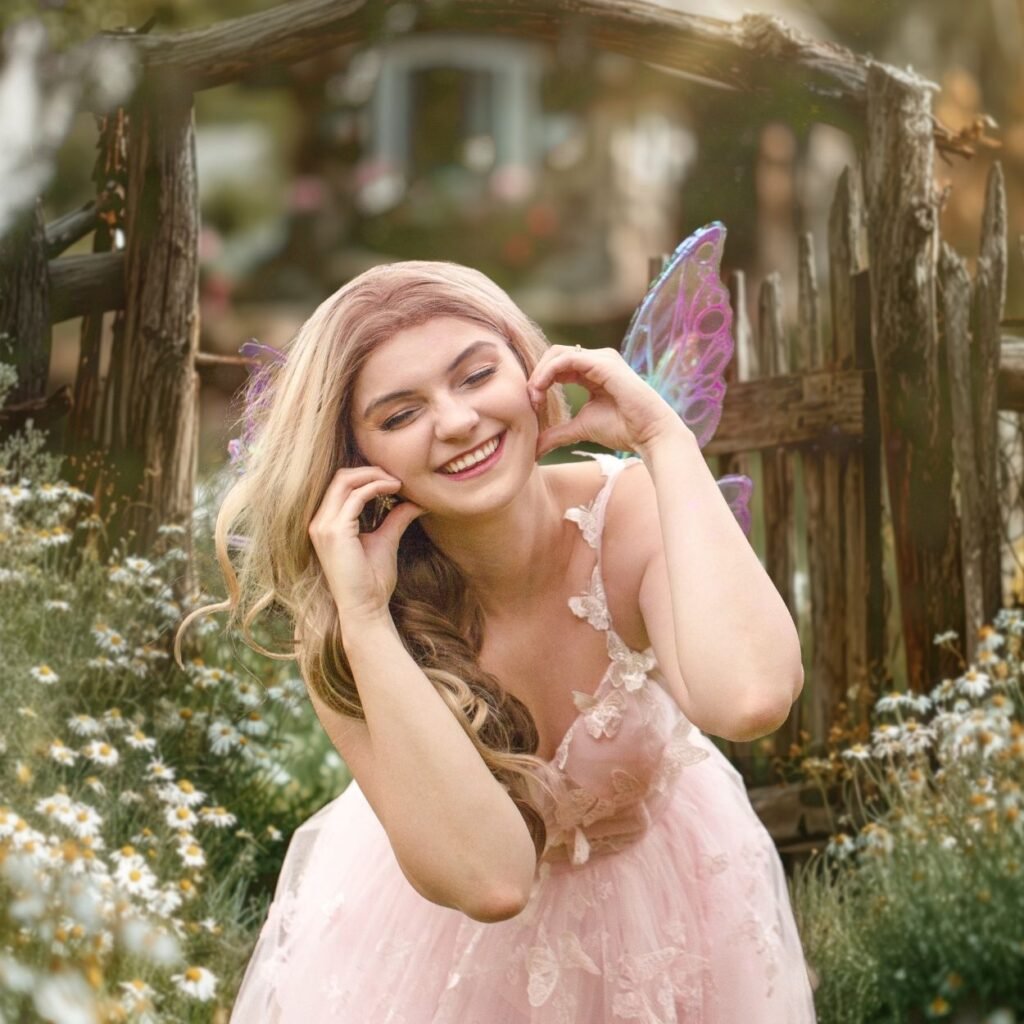 Woman with iridescent fairy wings and long blonde hair, smiling joyfully with hands framed near her face, wearing a pink floral tulle gown, standing in a garden with white daisies and a rustic wooden arbor in the background.