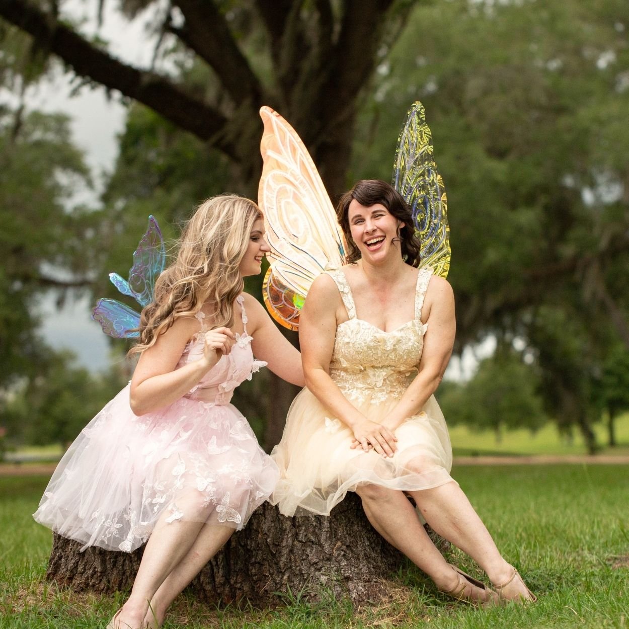 Two women in fairy costumes with iridescent butterfly wings sitting together on a tree stump