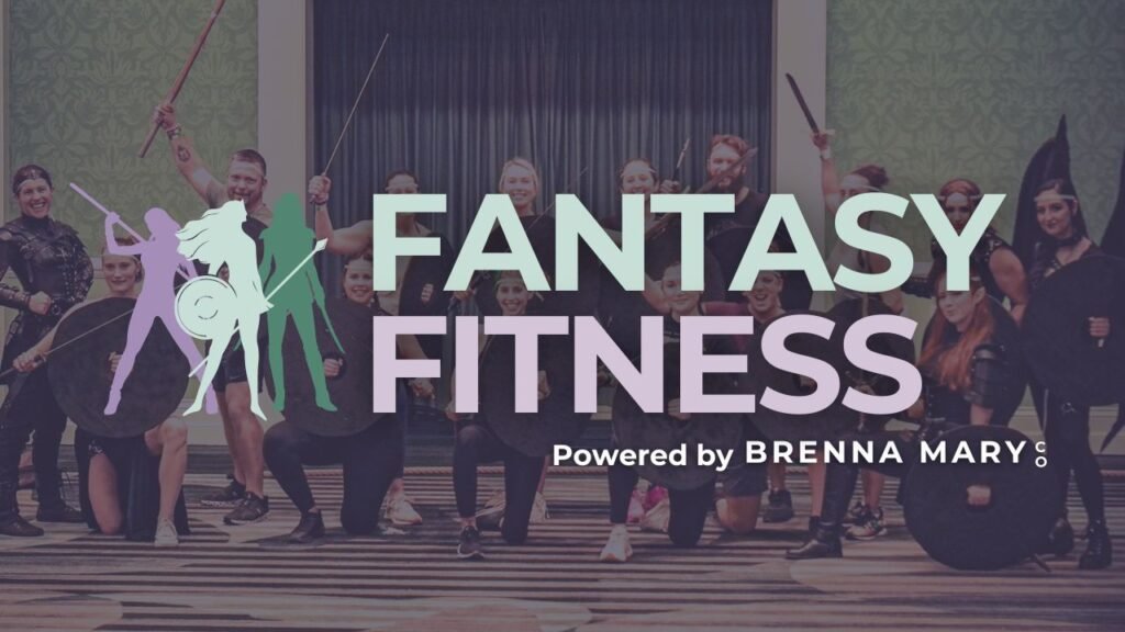 Fantasy Fitness logo, powered by Brenna Mary Co., featuring three colorful warrior-inspired silhouettes over a circular photo of participants in fantasy costume armor holding shields and swords in a group training session.