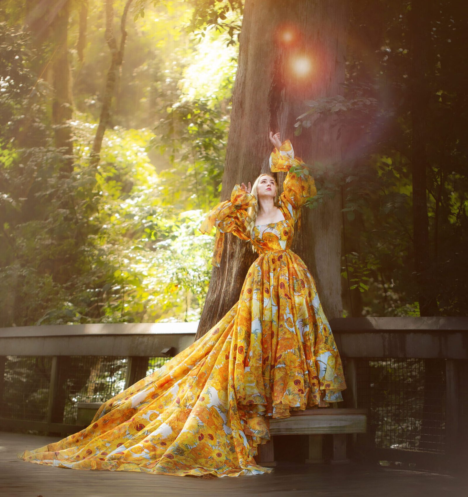 Woman standing confidently as shimmering light falls around her, representing the Luminary VIP Retreat