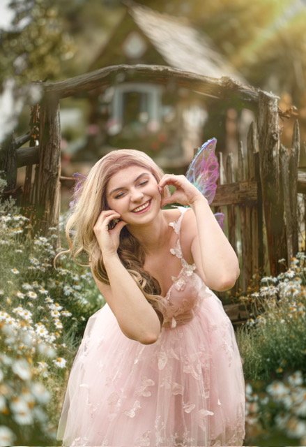 Woman with iridescent fairy wings and long blonde hair, smiling joyfully with hands framed near her face, wearing a pink floral tulle gown, standing in a garden with white daisies and a rustic wooden arbor in the background.